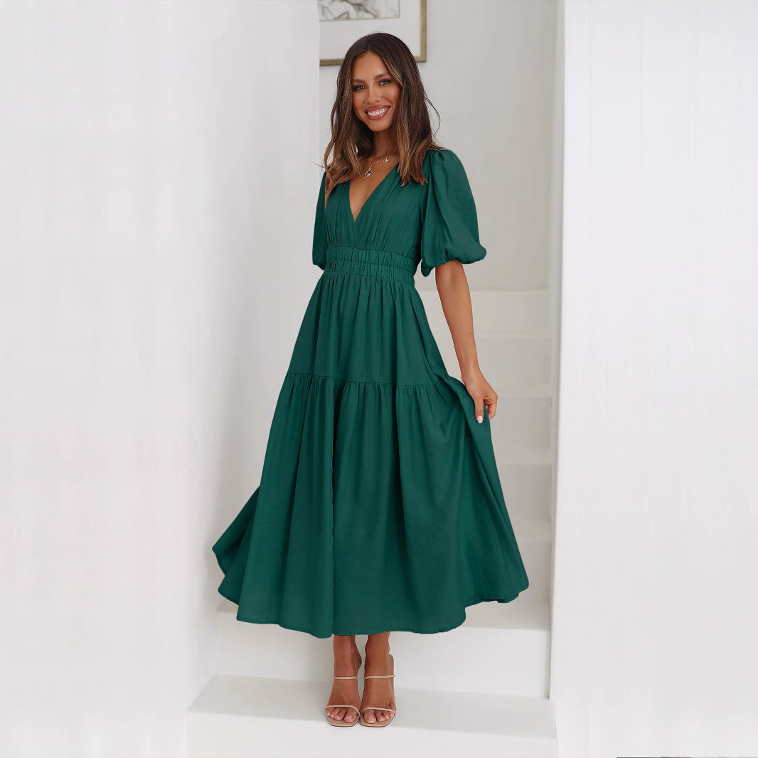 Puffed-sleeve cinched waist dress