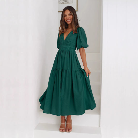Puffed-sleeve cinched waist dress