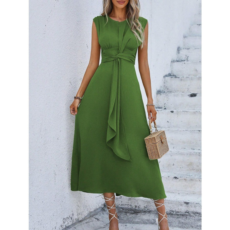 Sleeveless A-Line Dress with Waist Tie