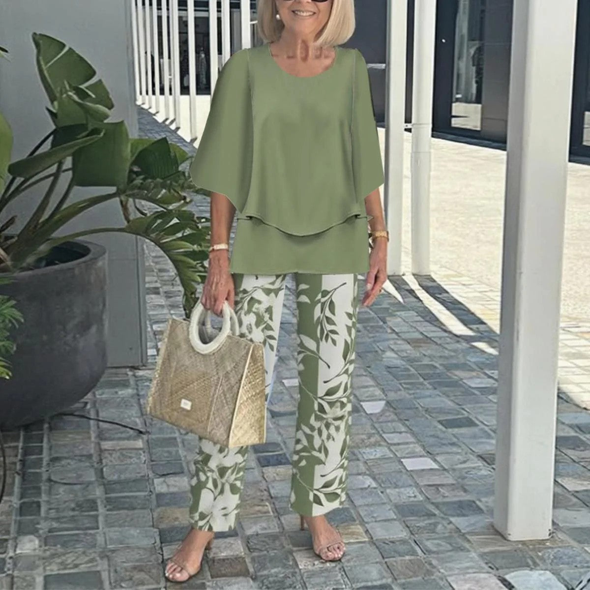 Women's Floral Print Chiffon Top and Pants Set