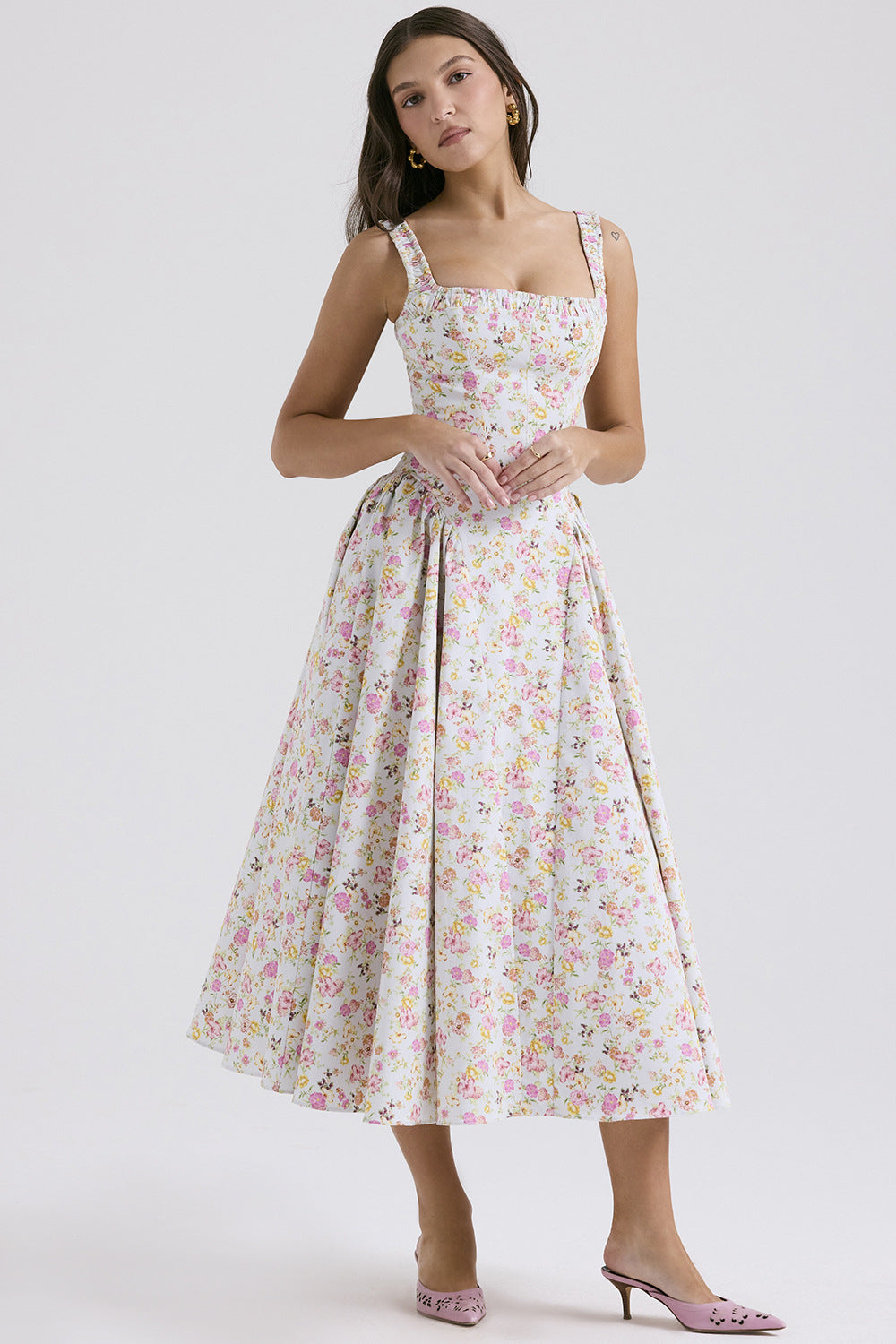 Summer Floral Bohemian Style Waist Slimming Look Backless Holiday Style Suspender Mid-Length Dress