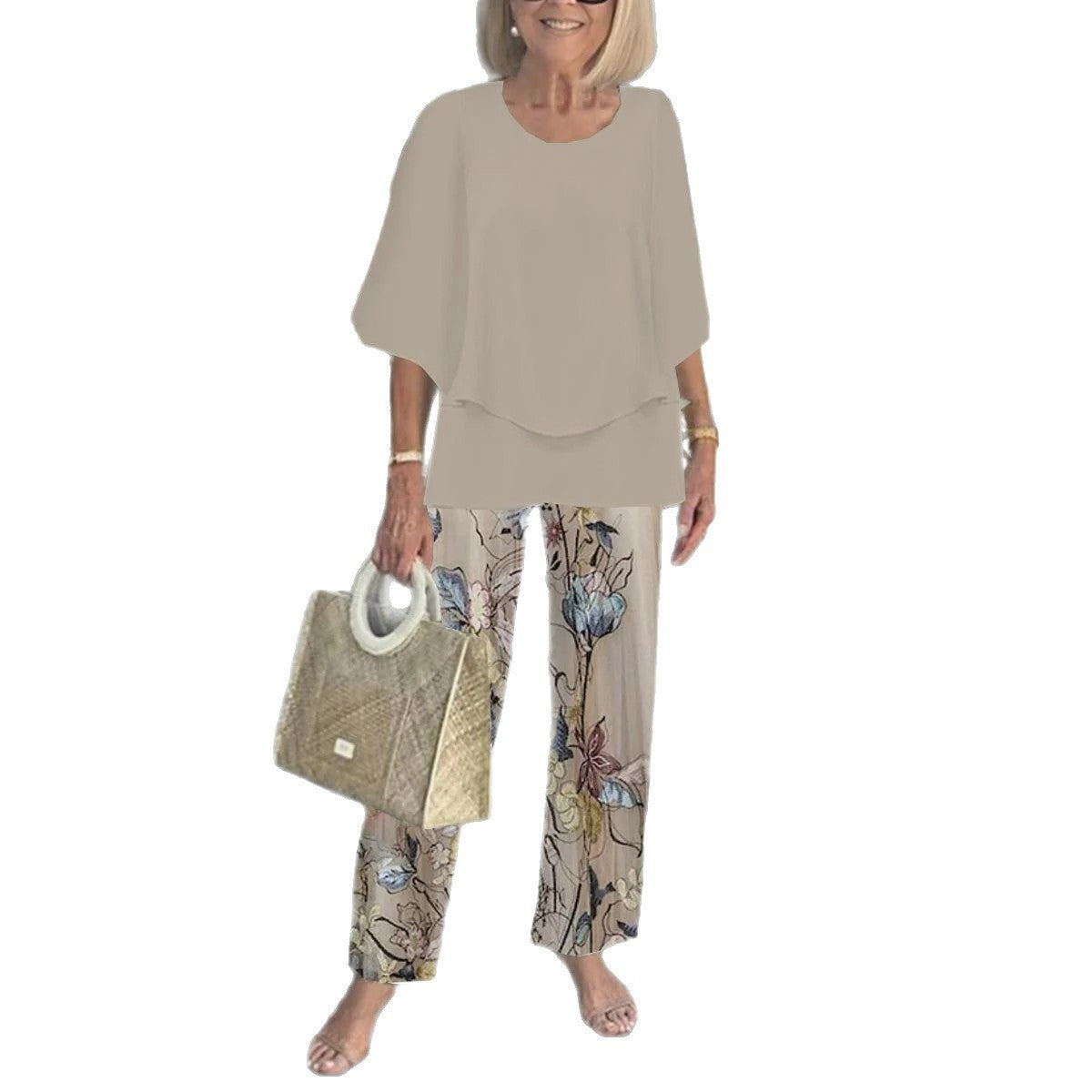 Women's Floral Print Chiffon Top and Pants Set