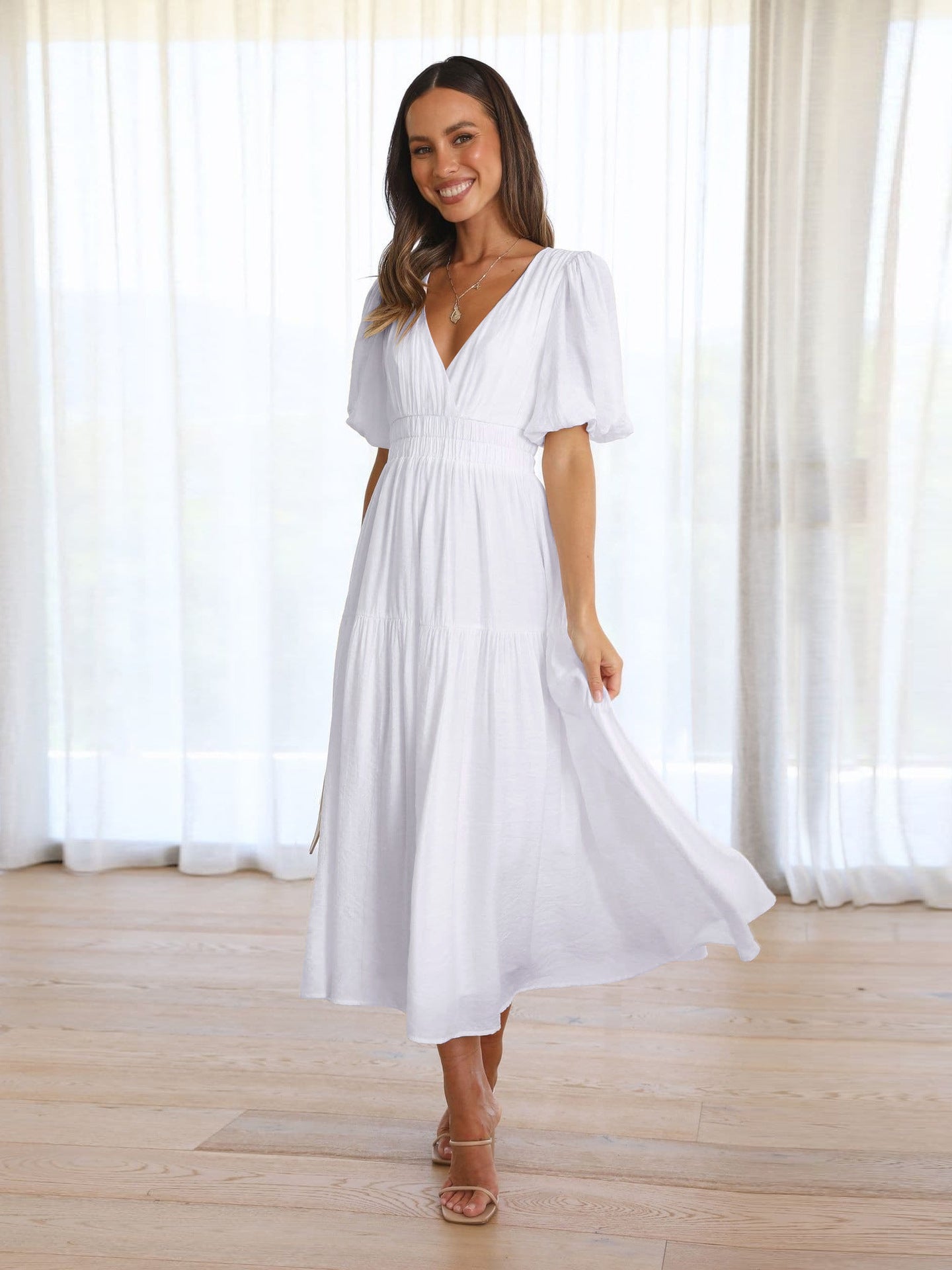 Puffed-sleeve cinched waist dress