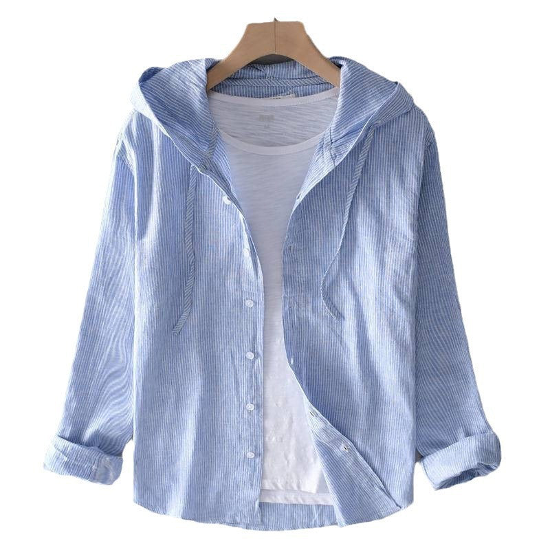 A hooded long-sleeved solid-color shirt