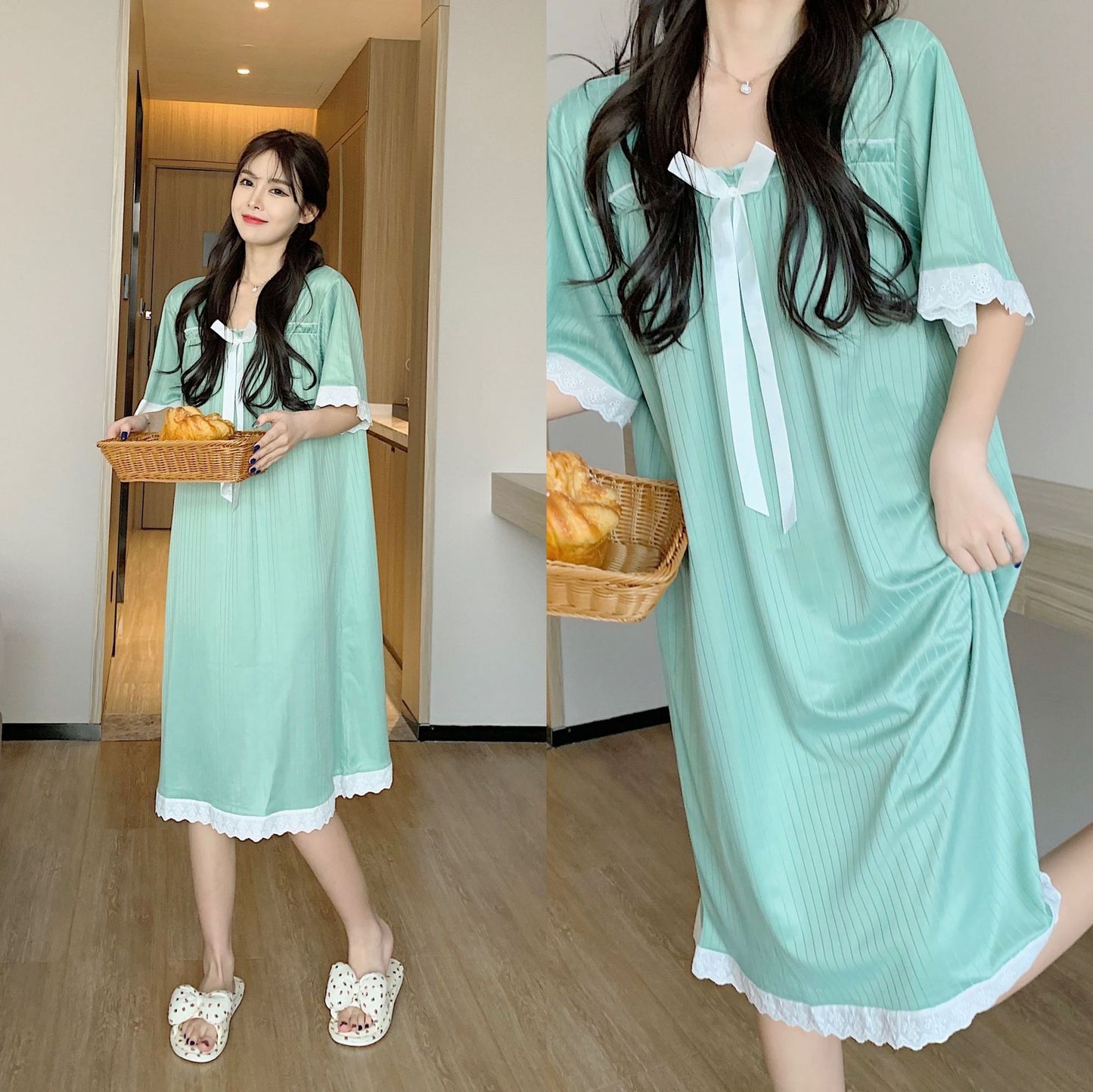 Summer long short-sleeved nightgown
