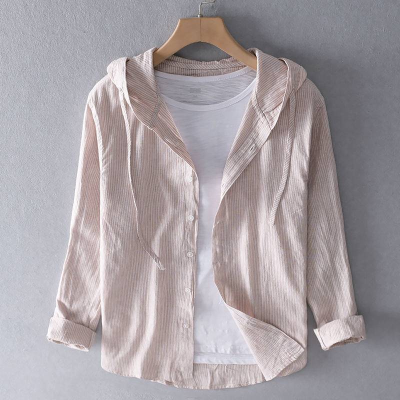A hooded long-sleeved solid-color shirt