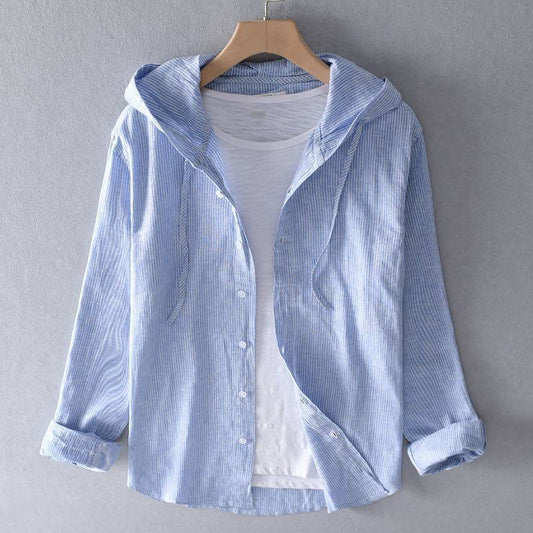 A hooded long-sleeved solid-color shirt