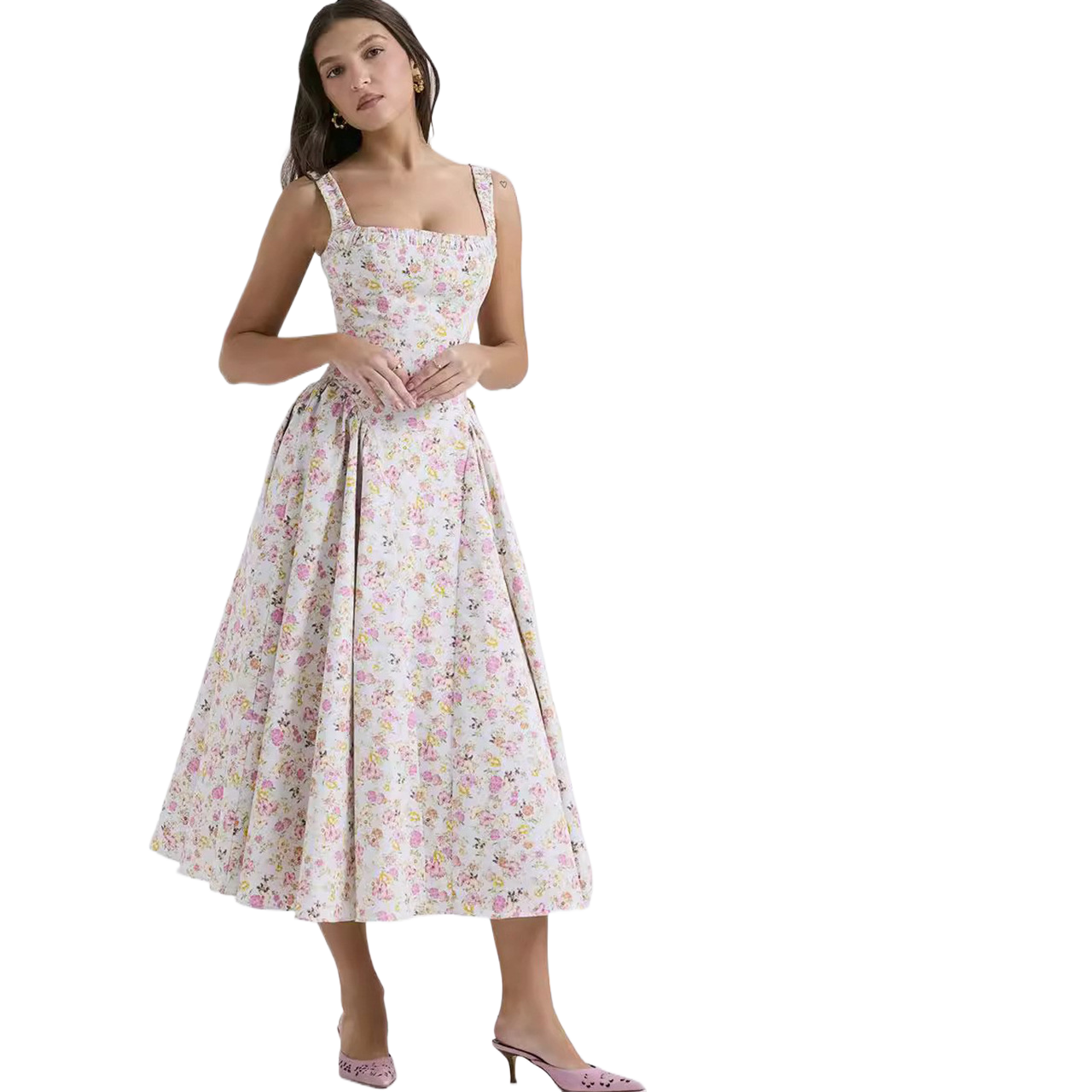 Summer Floral Bohemian Style Waist Slimming Look Backless Holiday Style Suspender Mid-Length Dress