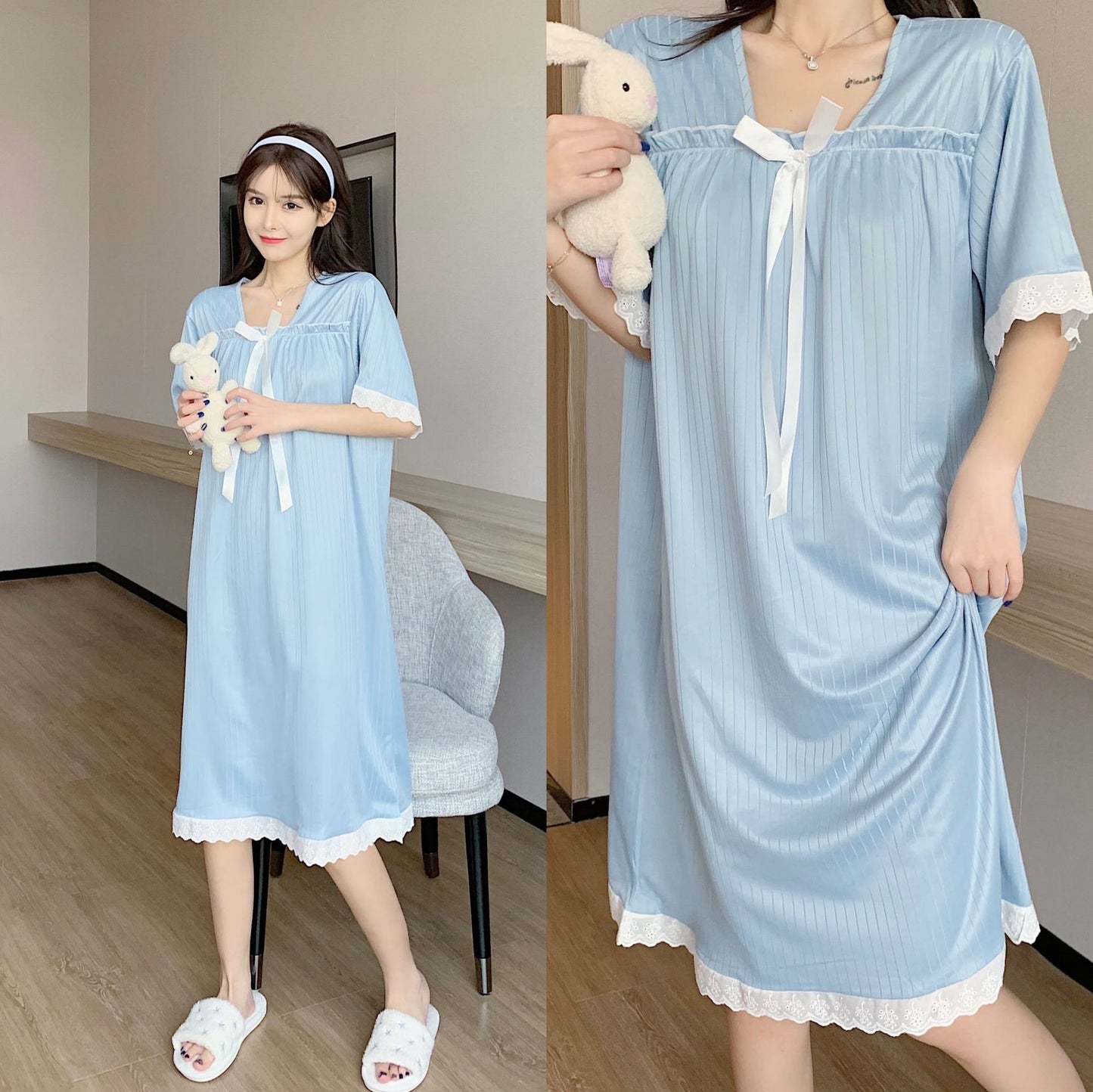 Summer long short-sleeved nightgown