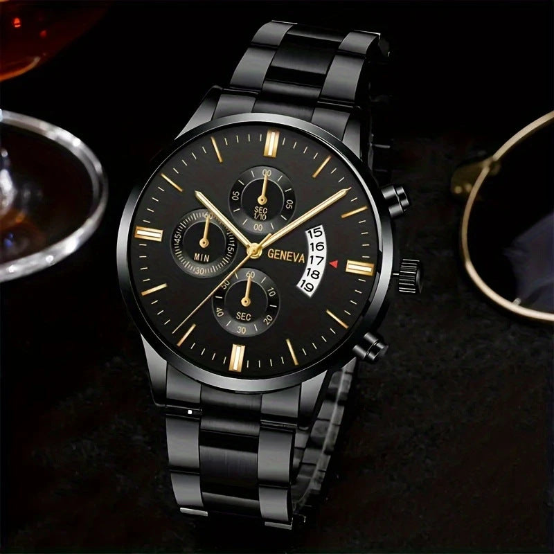 Men's Steel Band Watch Luminous Pointer Calendar Stone Hand English Watch Men's Advanced Sense Business Watch