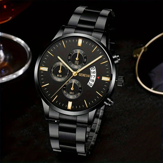 Men's Steel Band Watch Luminous Pointer Calendar Stone Hand English Watch Men's Advanced Sense Business Watch