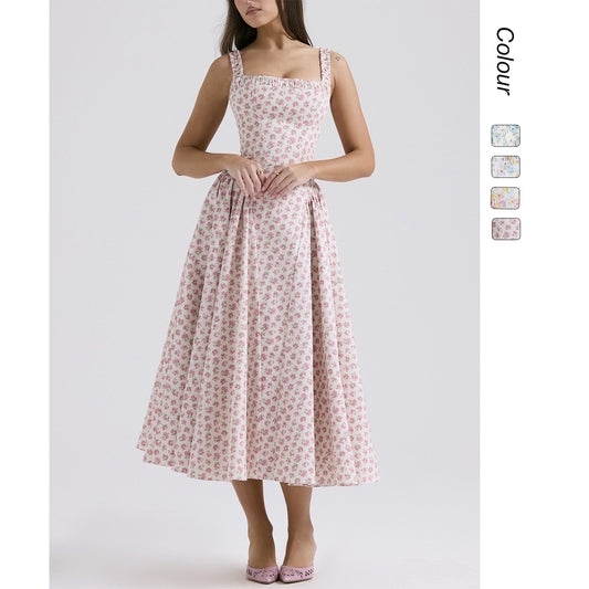 Summer Floral Bohemian Style Waist Slimming Look Backless Holiday Style Suspender Mid-Length Dress