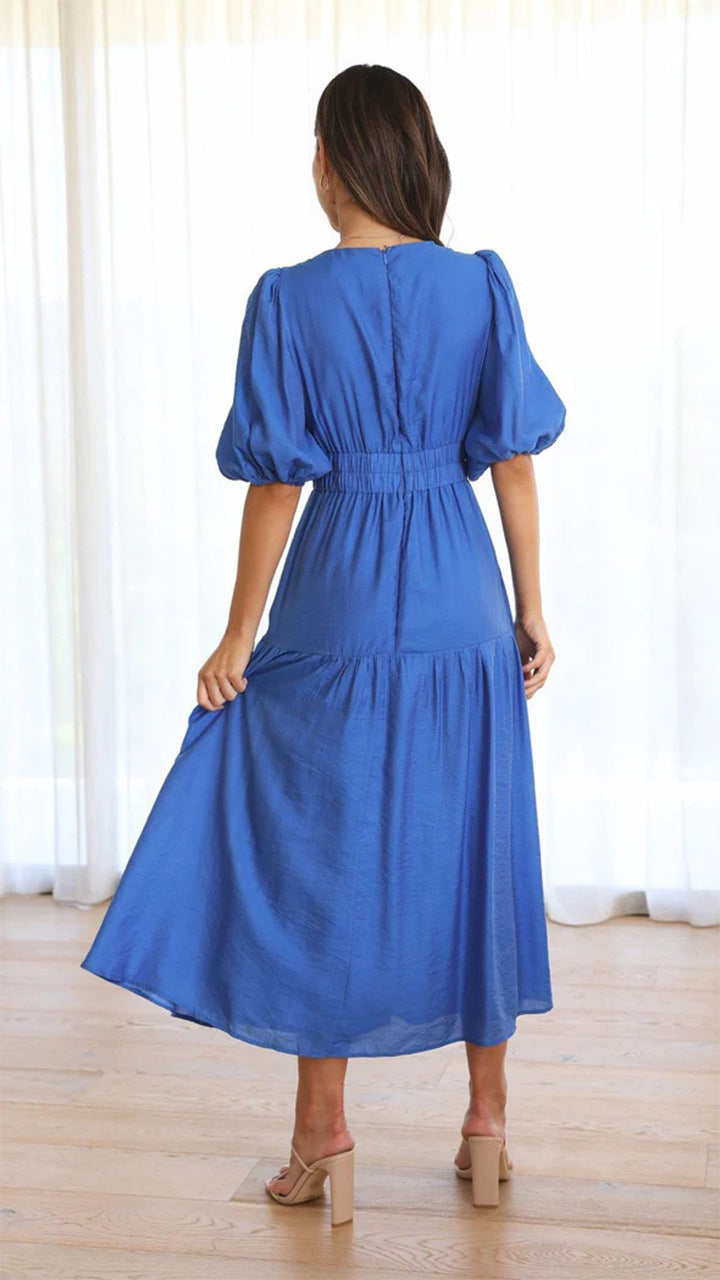 Puffed-sleeve cinched waist dress