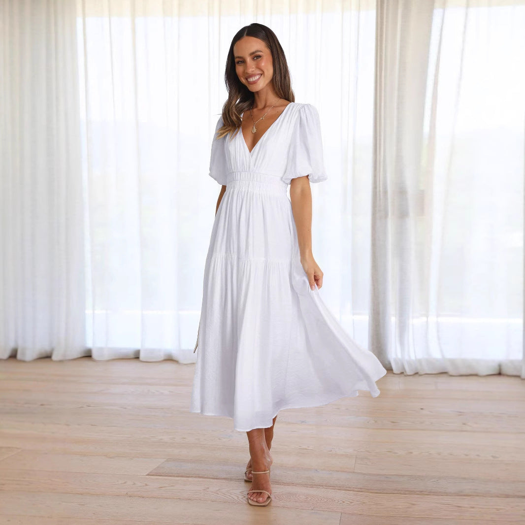 Puffed-sleeve cinched waist dress