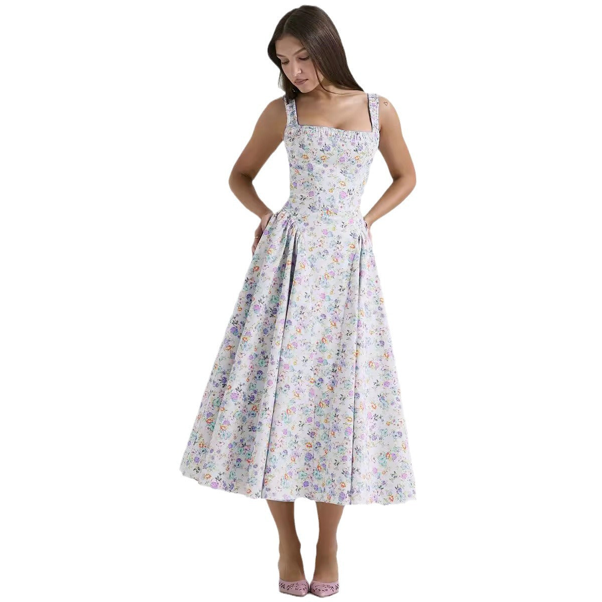 Summer Floral Bohemian Style Waist Slimming Look Backless Holiday Style Suspender Mid-Length Dress