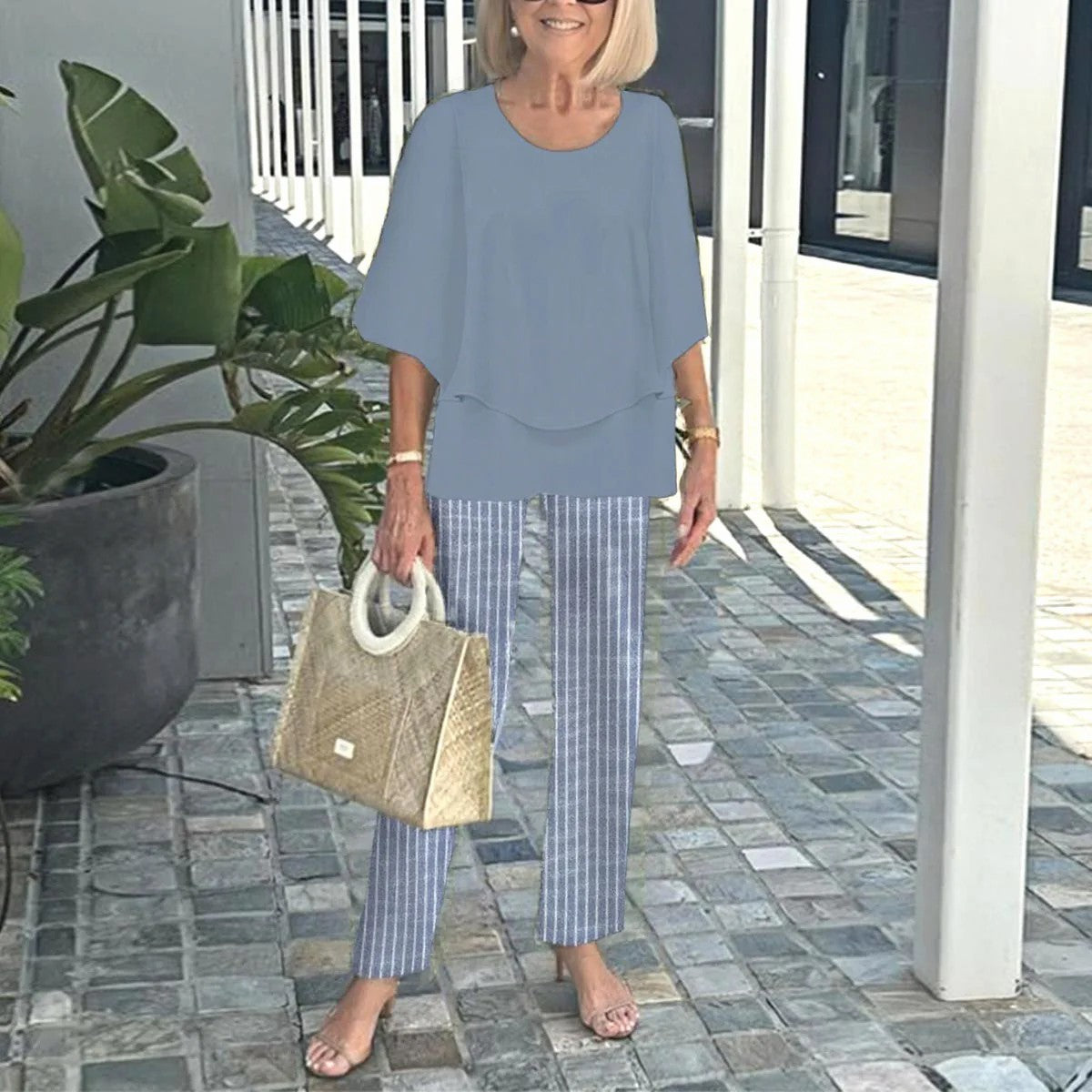 Women's Floral Print Chiffon Top and Pants Set