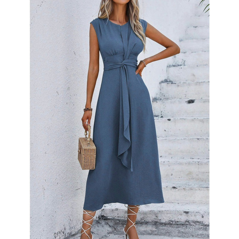 Sleeveless A-Line Dress with Waist Tie