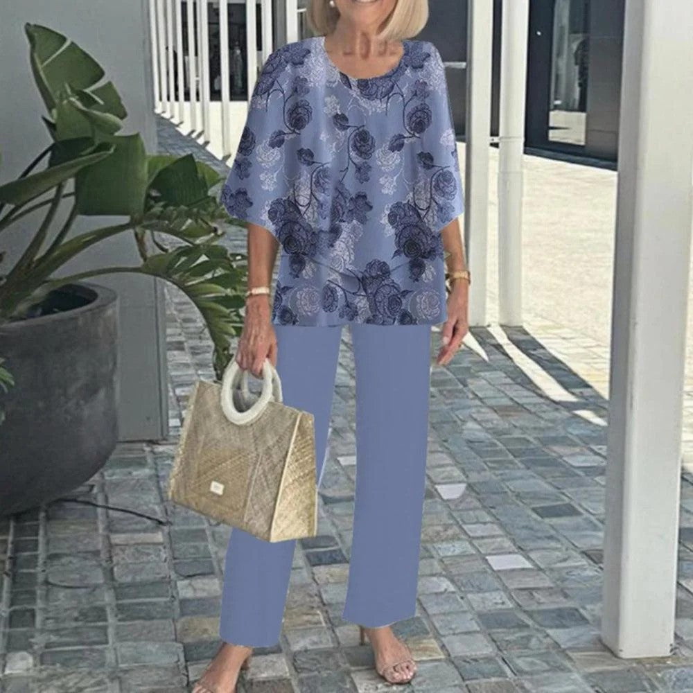 Women's Floral Print Chiffon Top and Pants Set