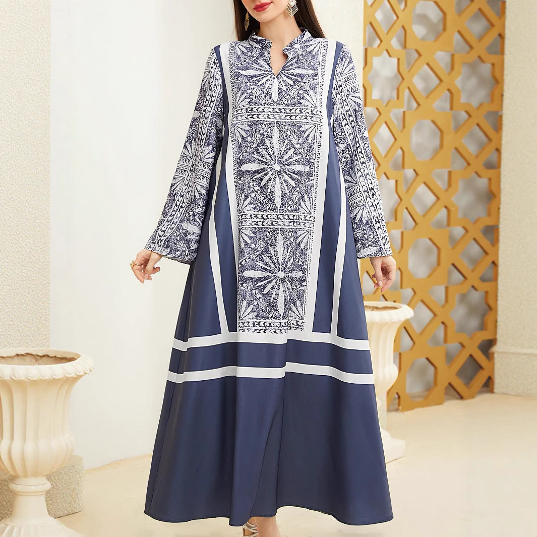 A patchwork color-blocking retro patterned dress for women