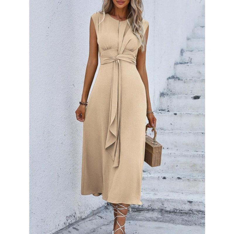 Sleeveless A-Line Dress with Waist Tie
