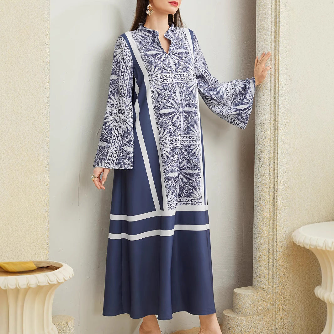 A patchwork color-blocking retro patterned dress for women
