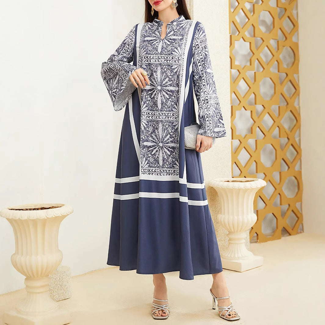A patchwork color-blocking retro patterned dress for women
