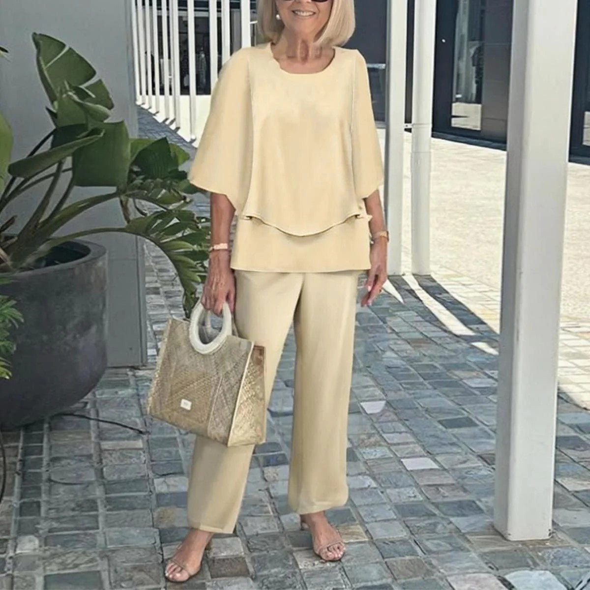 Women's Floral Print Chiffon Top and Pants Set