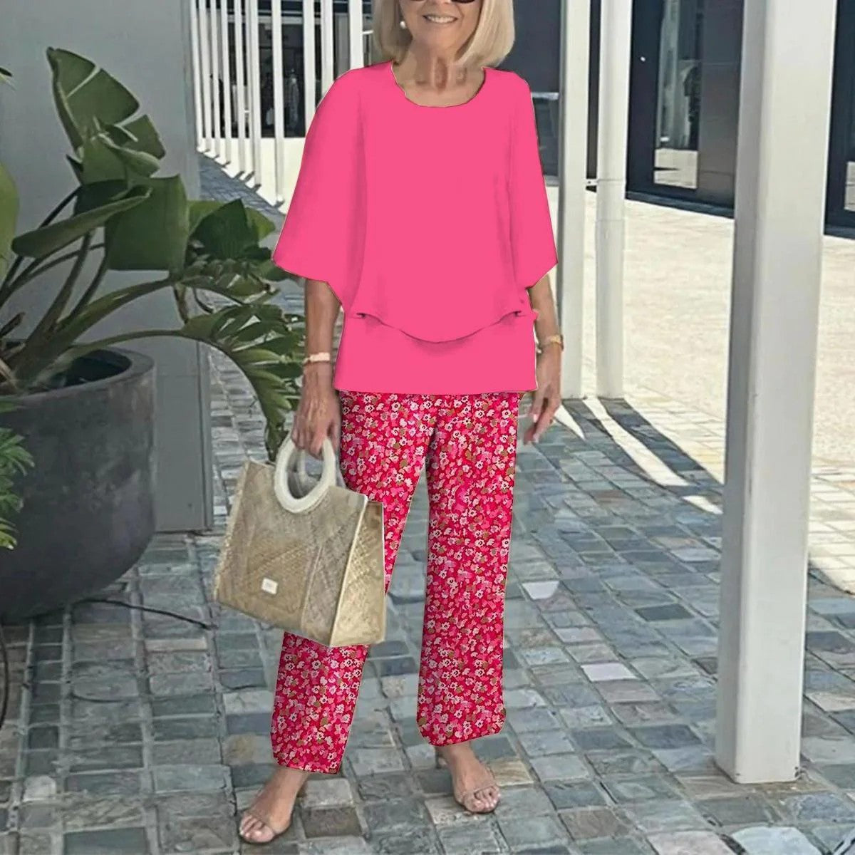 Women's Floral Print Chiffon Top and Pants Set