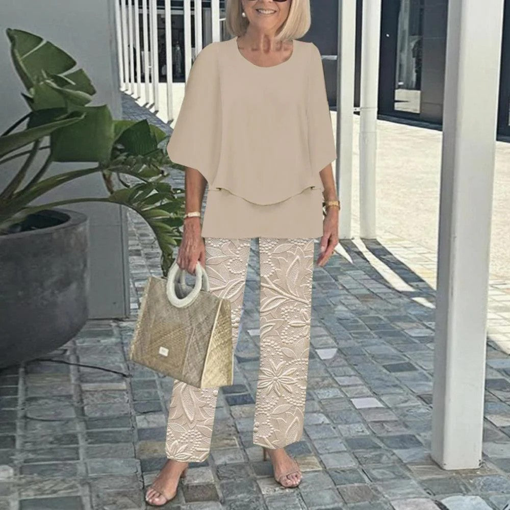 Women's Floral Print Chiffon Top and Pants Set