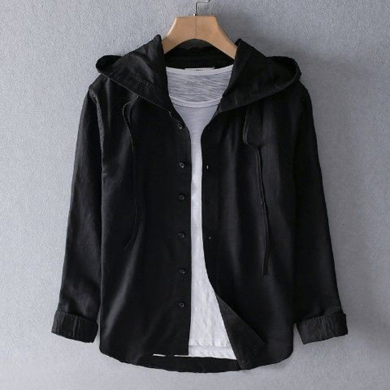 A hooded long-sleeved solid-color shirt