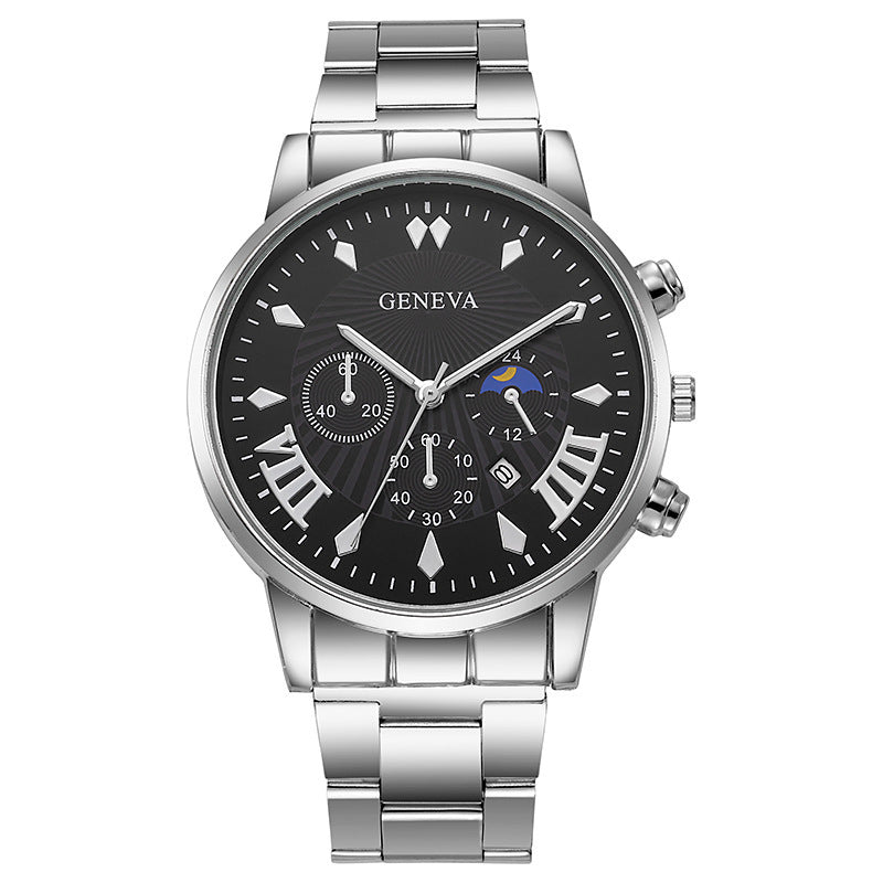 Men's Steel Band Watch Luminous Pointer Calendar Stone Hand English Watch Men's Advanced Sense Business Watch