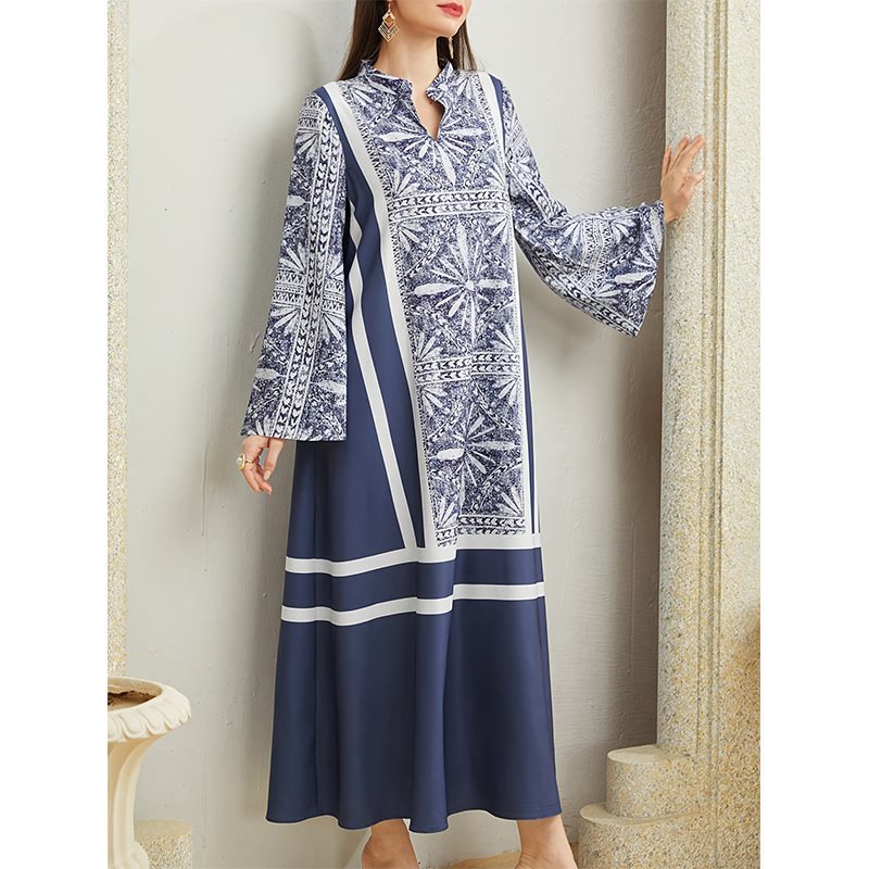A patchwork color-blocking retro patterned dress for women