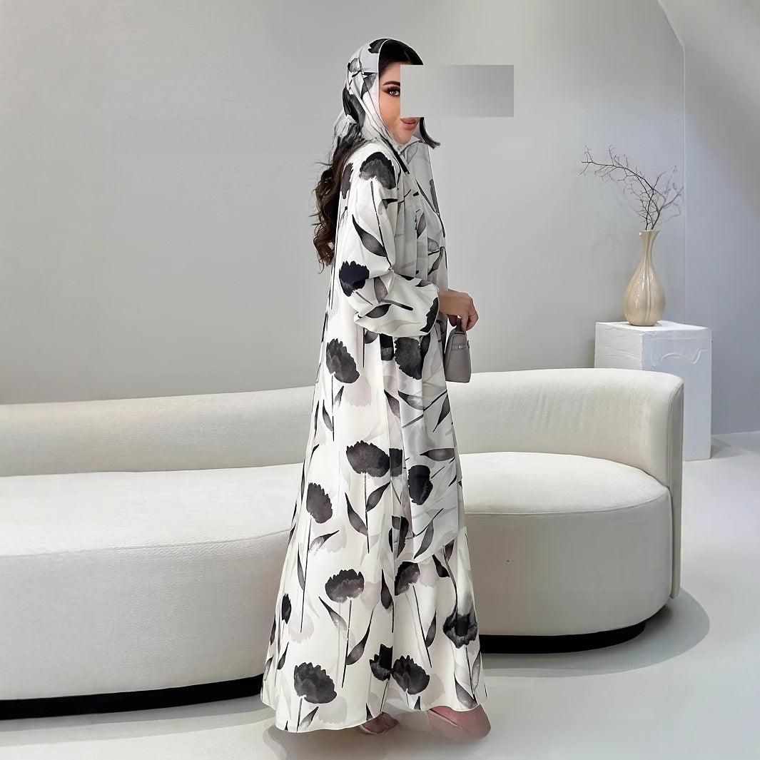 Long-sleeved printed robe with headscarf