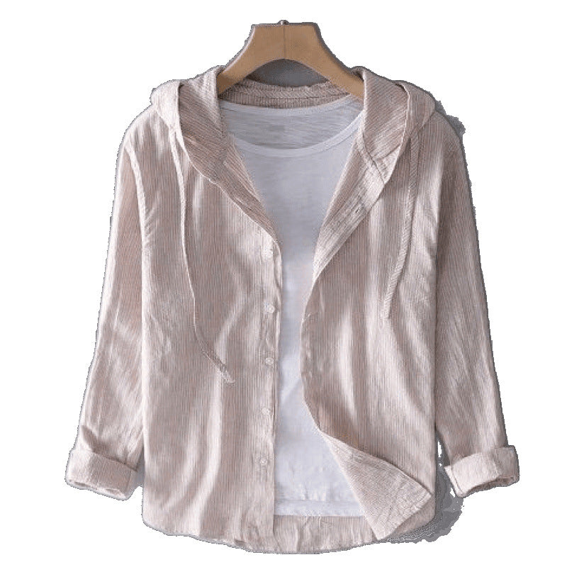 A hooded long-sleeved solid-color shirt