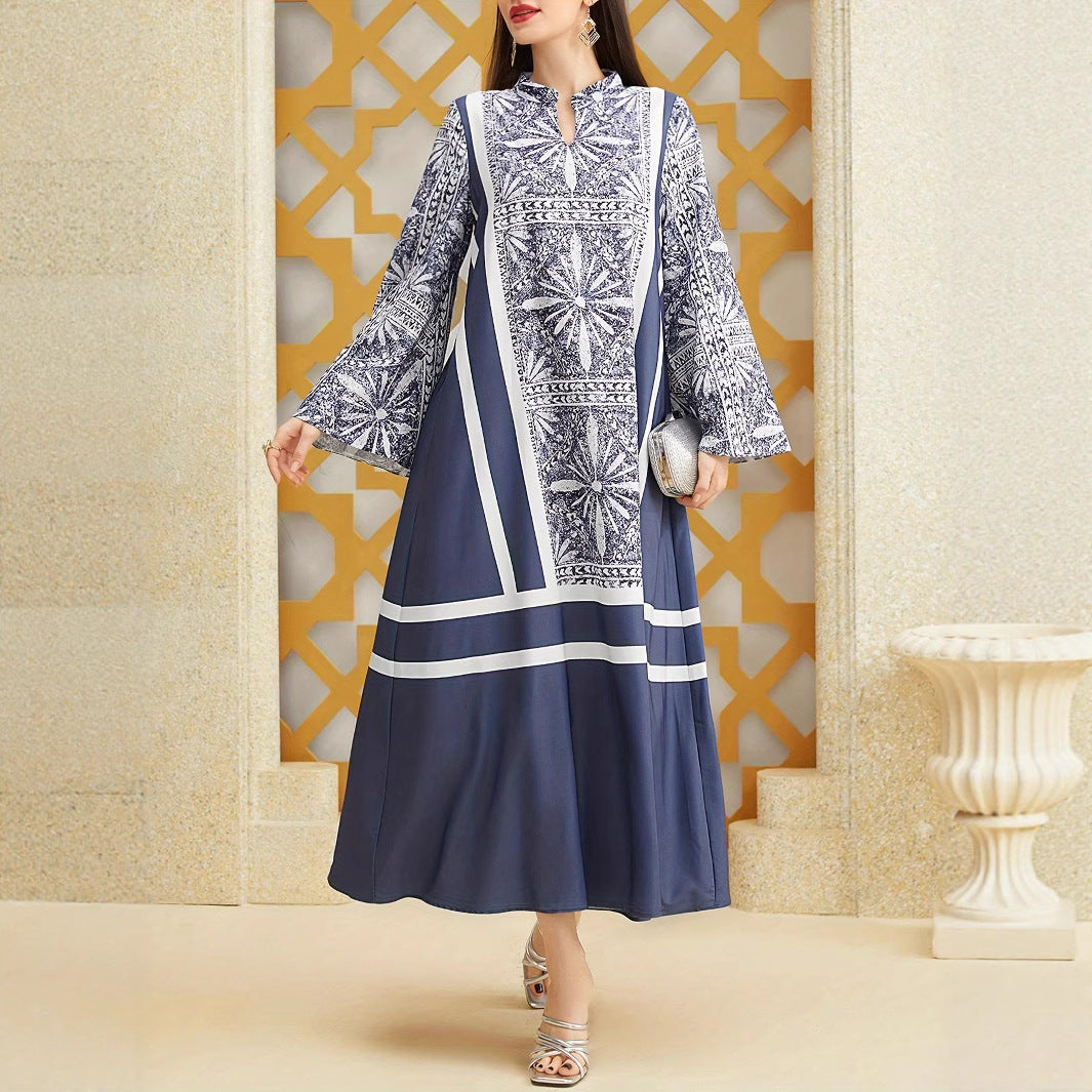A patchwork color-blocking retro patterned dress for women