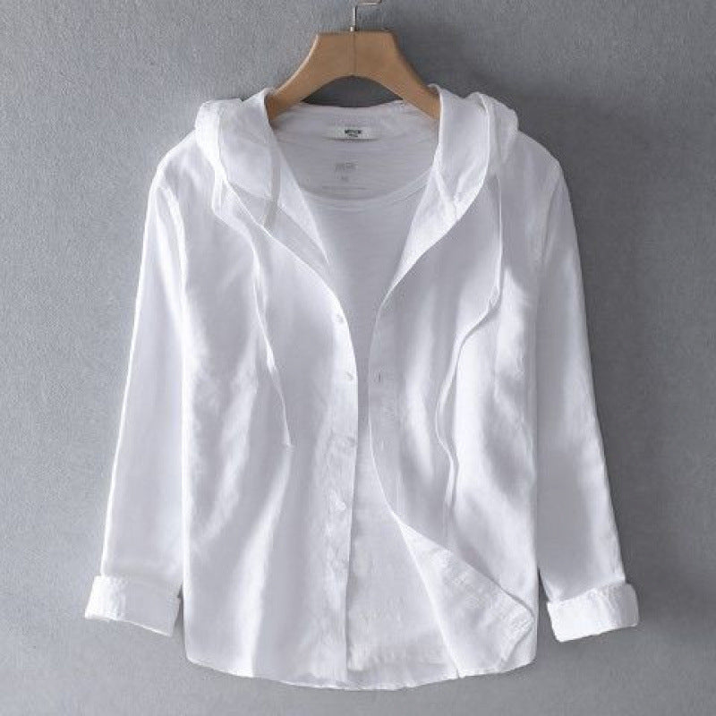A hooded long-sleeved solid-color shirt