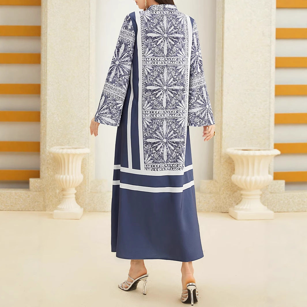 A patchwork color-blocking retro patterned dress for women