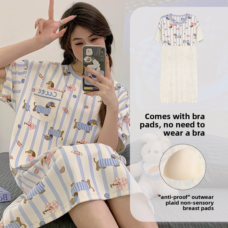 Nightgown Women's Summer Thin Fabric Cartoon Cute Girl Kids Student dress Pregnant Women's Summer Loose Pajamas